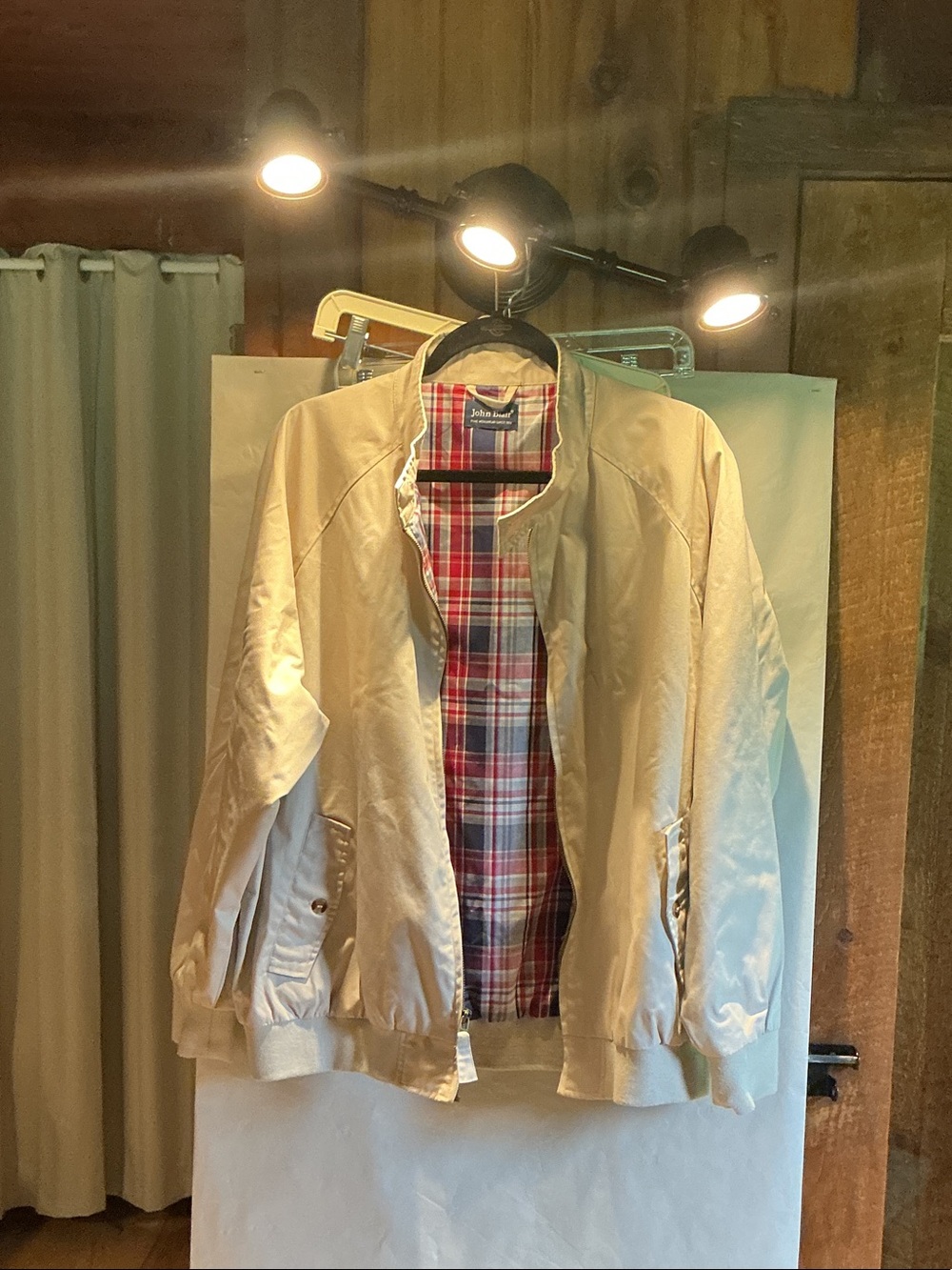 John Blair Beige Bomber Jacket with Red Plaid Lining